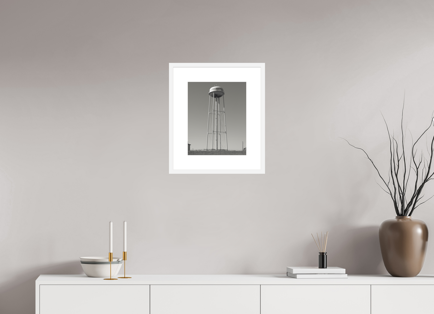 12 x 15″, Solid 0.8" White Wood Frame With 3" Natural White Passe-Partout with Museum Glass Water Tower  RWD No. 6