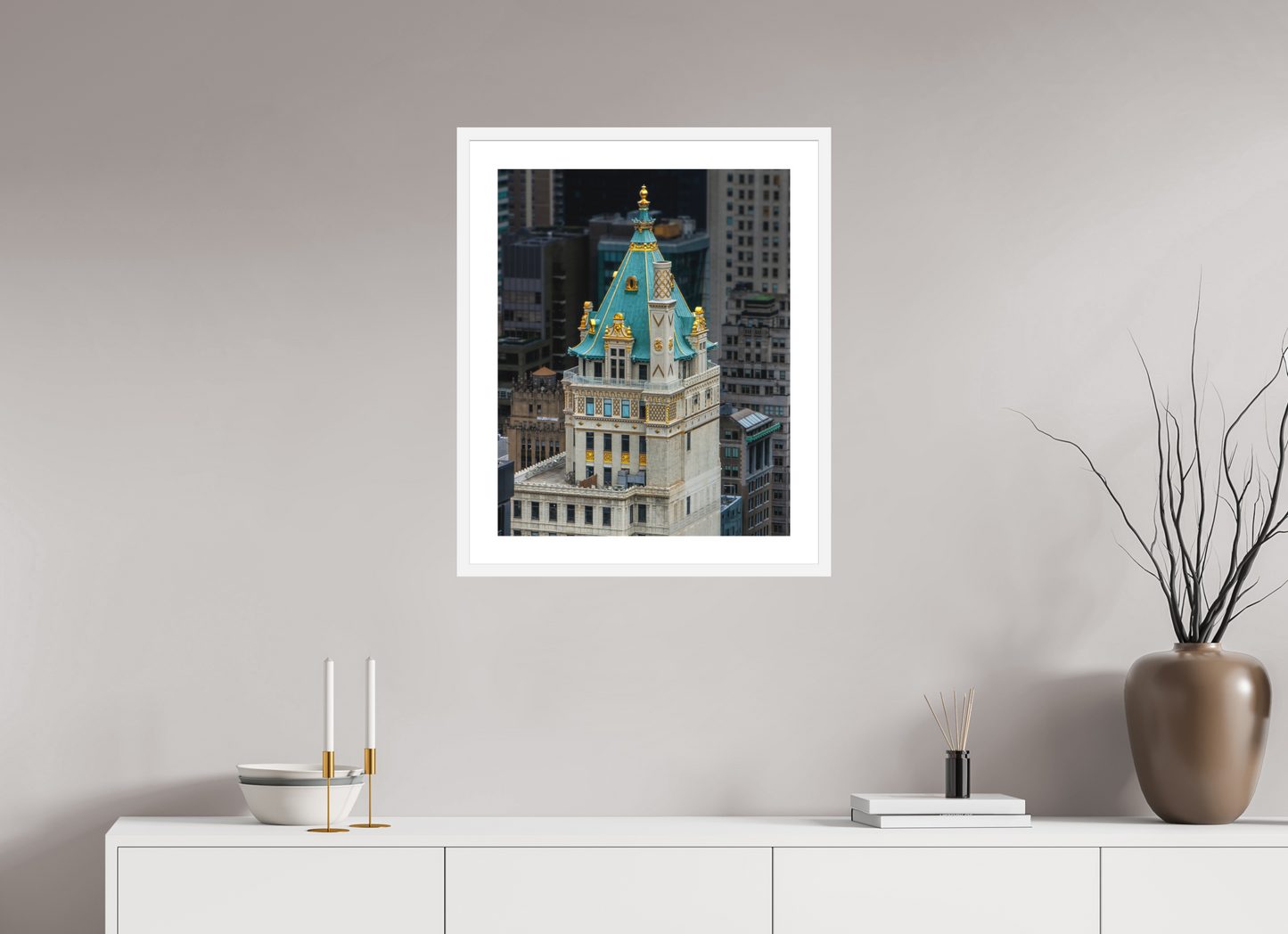 20 x 25″, Solid 0.8" White Wood Frame With 2" Natural White Passe-Partout with Museum Glass The Heckscher Building