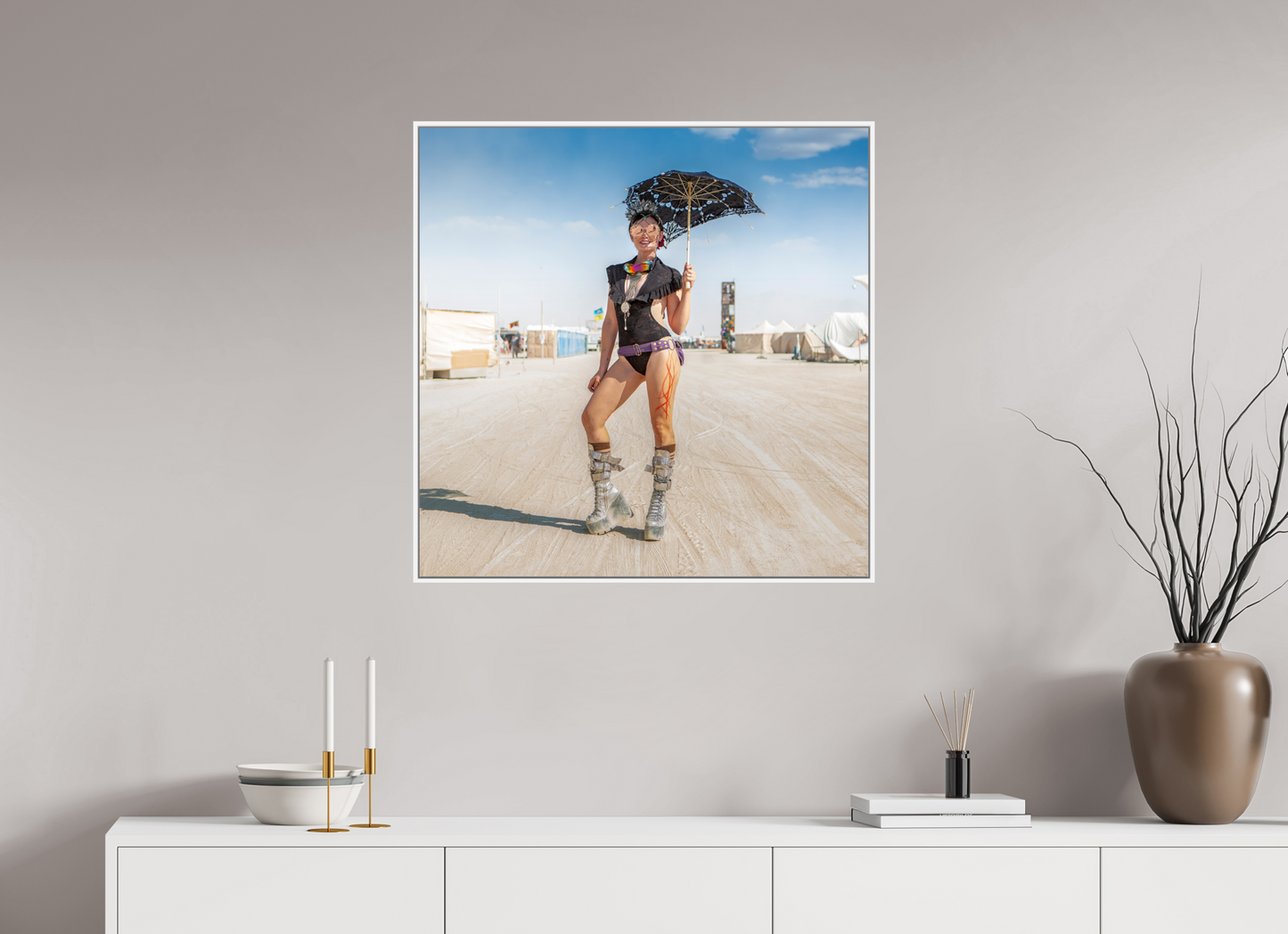 30 x 30″, White Matte Frame, No Border Burning Man - Attendee with Parasol