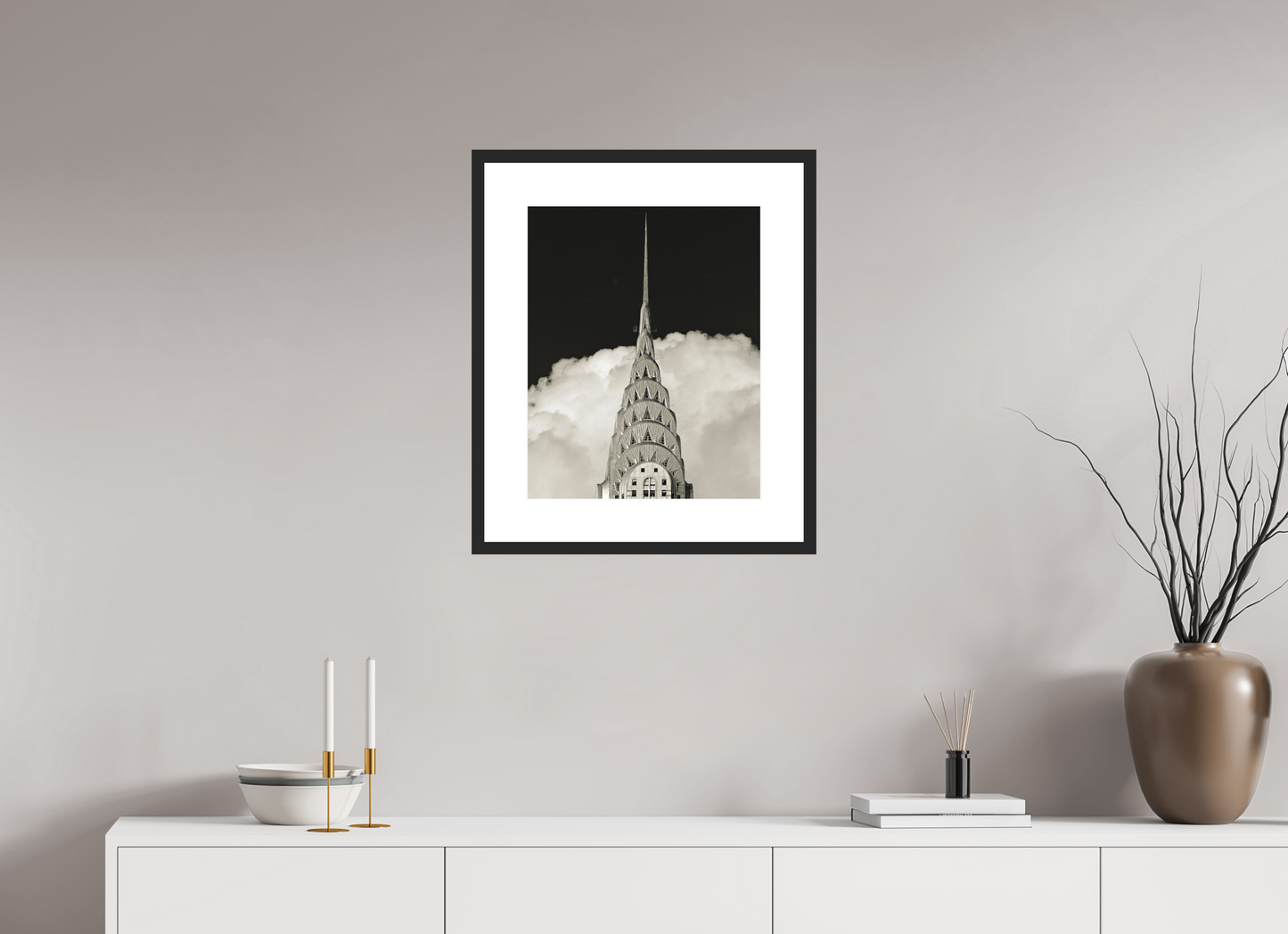 16 x 20″, Solid 0.8" Black Wood Frame With 3" Natural White Passe-Partout with Museum Glass Chrysler Building Against Clouds