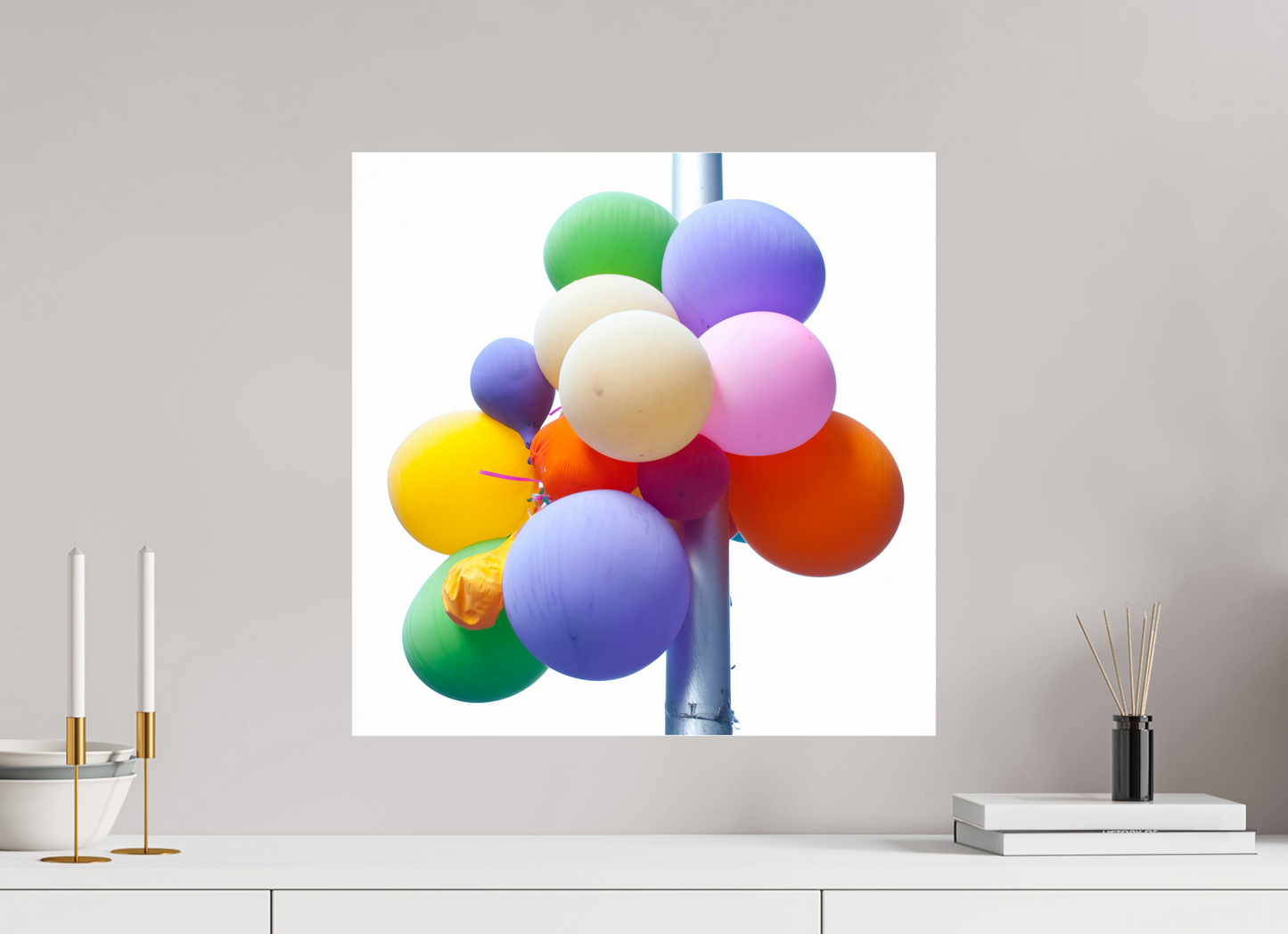 20 x 20″, Frameless Acrylic Glass Colorful Ballons Tied to a Lamp Post