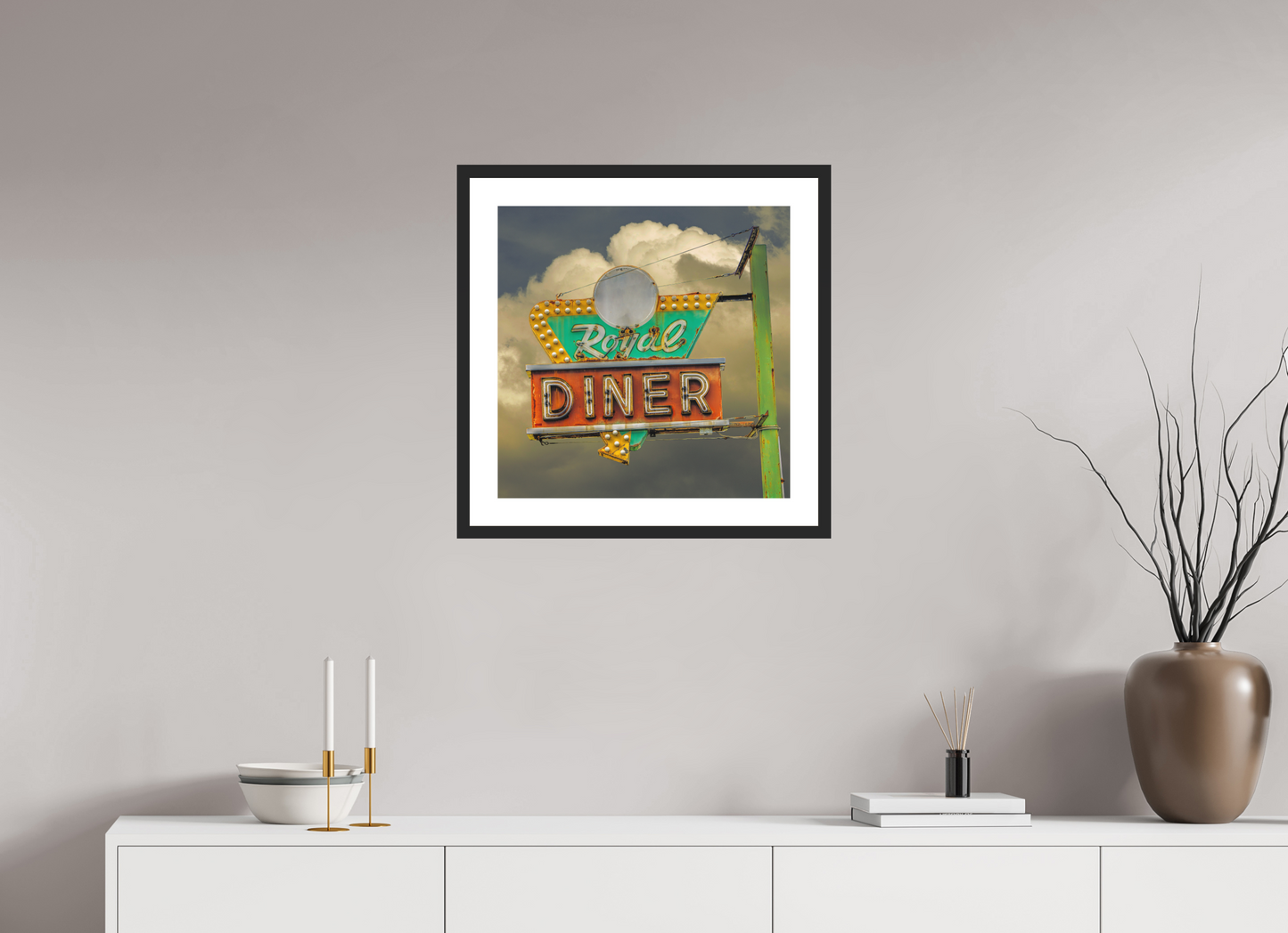 20 x 20″, Solid 0.8" Black Wood Frame With 2" Natural White Passe-Partout with Museum Glass Royal Diner Sign