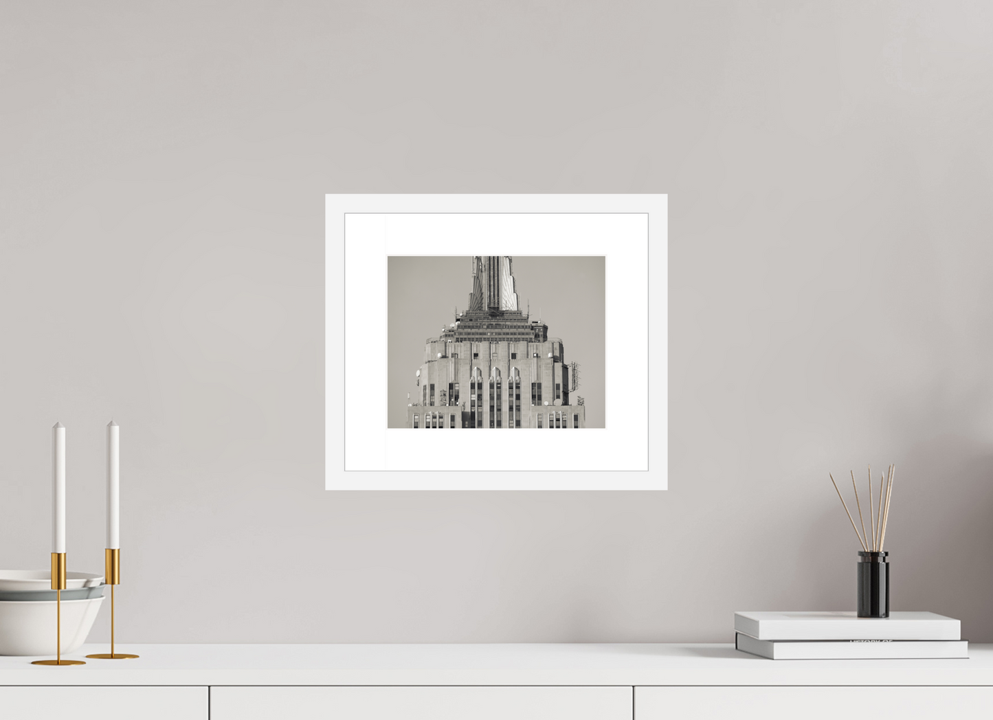 10 x 8″, Solid 0.8" White Wood Frame With 2" Natural White Passe-Partout with Museum Glass Top of the Empire State Building