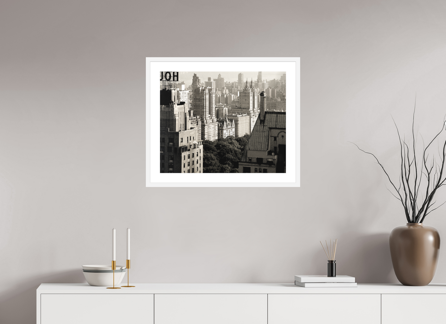 24.8 x 20″, Solid 0.8" White Wood Frame With 2" Natural White Passe-Partout with Museum Glass The Dakota
