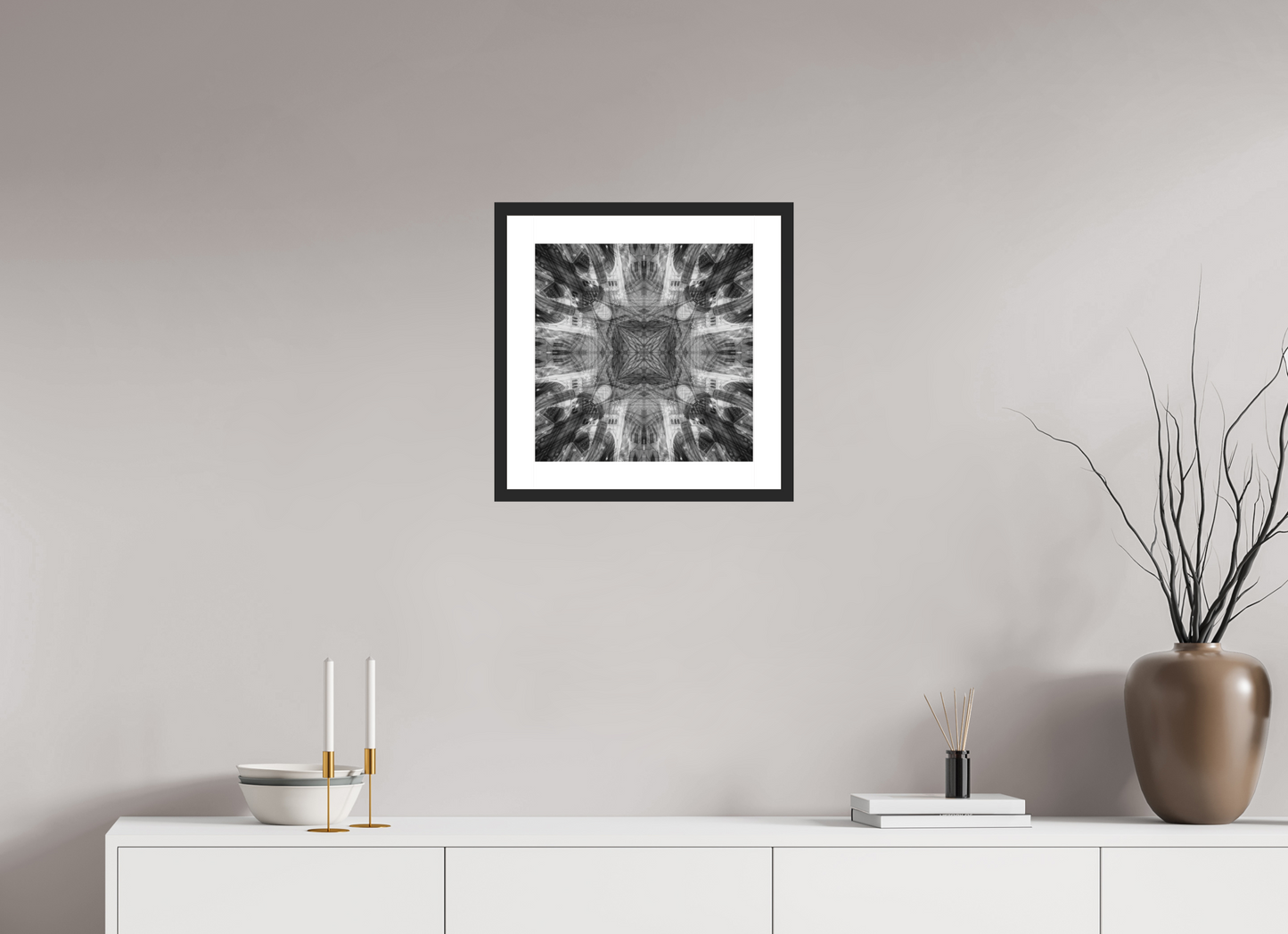 15 x 15″, Solid 0.8" Black Wood Frame With 2" Natural White Passe-Partout with Museum Glass Architectual Abstraction