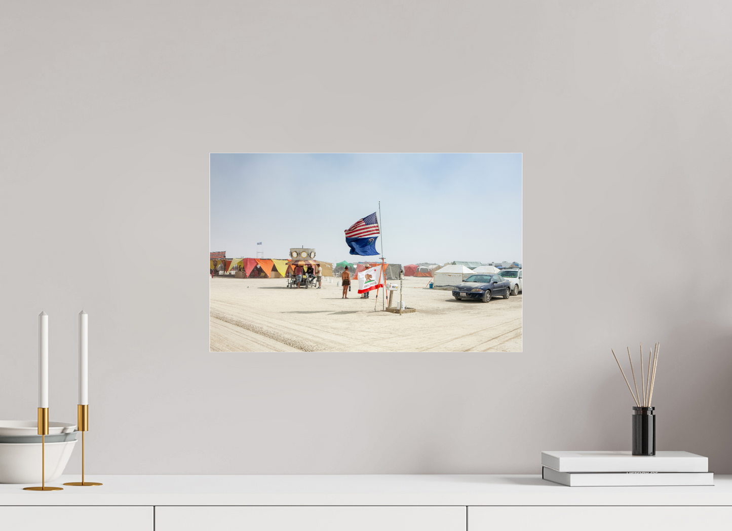 18.9 x 12″, Frameless Acrylic Glass Burning Man - Woman and Flags