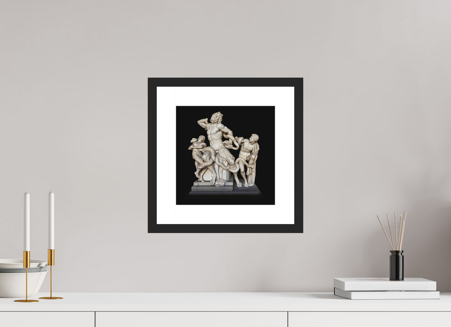10 x 10″, Solid 0.8" Black Wood Frame With 2" Natural White Passe-Partout with Museum Glass Laocoön and his Sons Roman Sculpture
