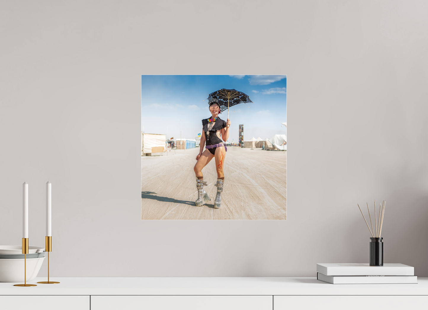 15 x 15″, Frameless Acrylic Glass Burning Man - Attendee with Parasol