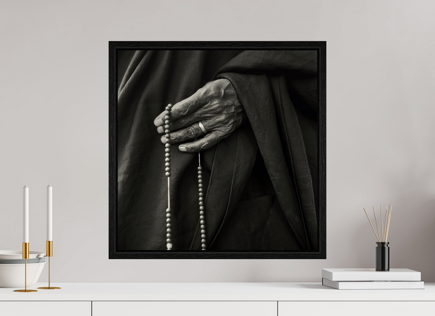 20 x 20″, Floater Frame Tibetan Monk Hand with Prayer Beads