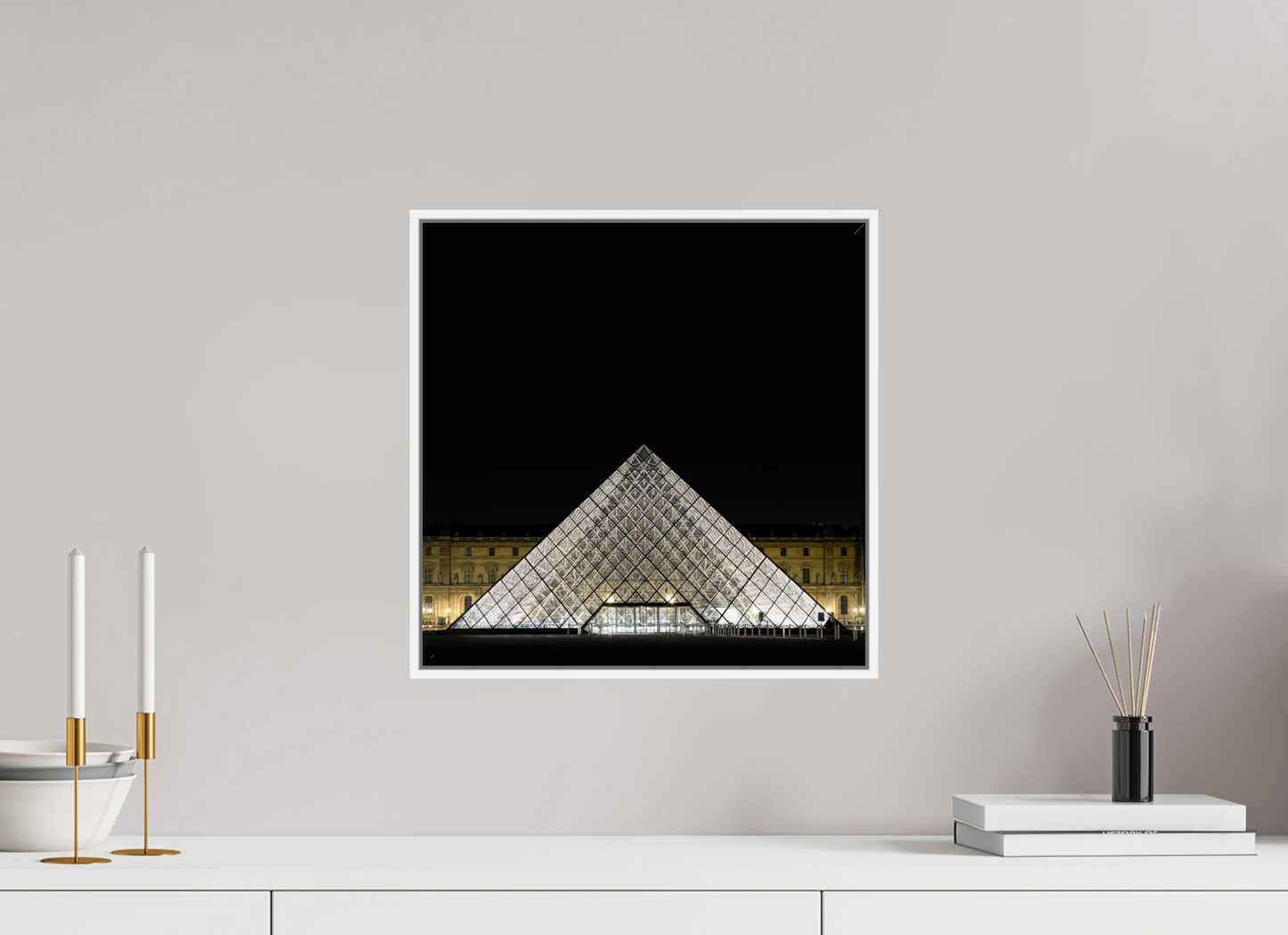 15 x 15″, White Matte Frame, No Border The Louvre Pyramid