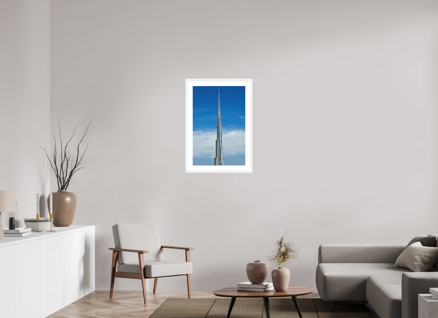 20 x 30″, Solid 0.8" White Wood Frame With 2" Natural White Passe-Partout with Museum Glass Burj Khalifa Tower, Dubai
