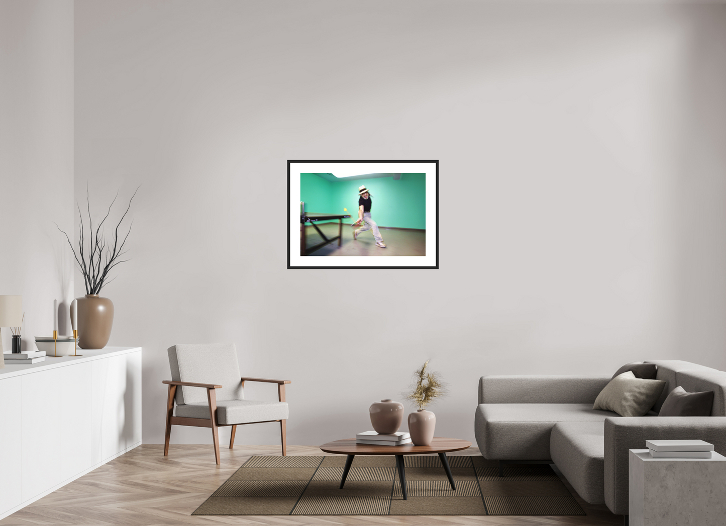 36 x 24″, Solid 0.8" Black Wood Frame With 3" Natural White Passe-Partout with Museum Glass Marty Reisman