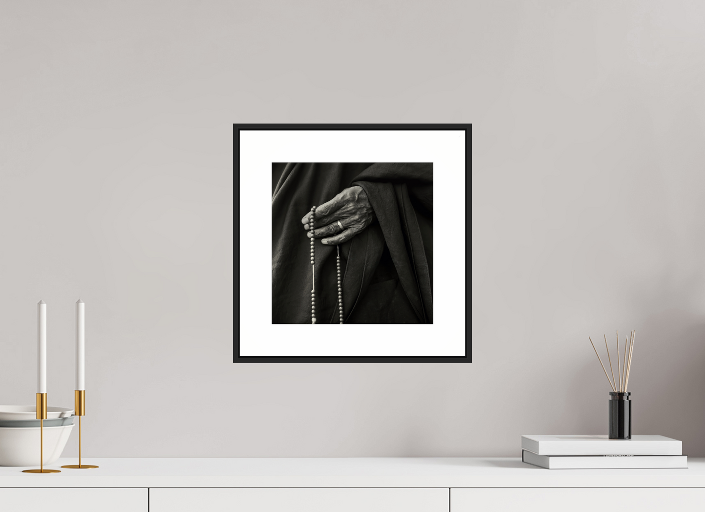 10 x 10″, Black Matte Frame Tibetan Monk Hand with Prayer Beads