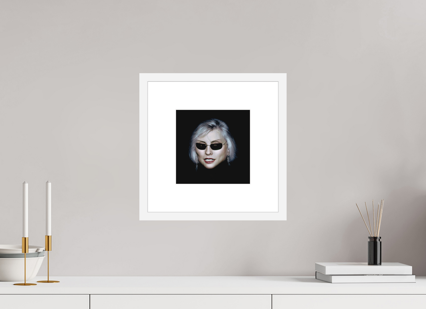 8 x 8″, Solid 0.8" White Wood Frame With 3" Natural White Passe-Partout with Museum Glass Debbie Harry Wearing Glasses