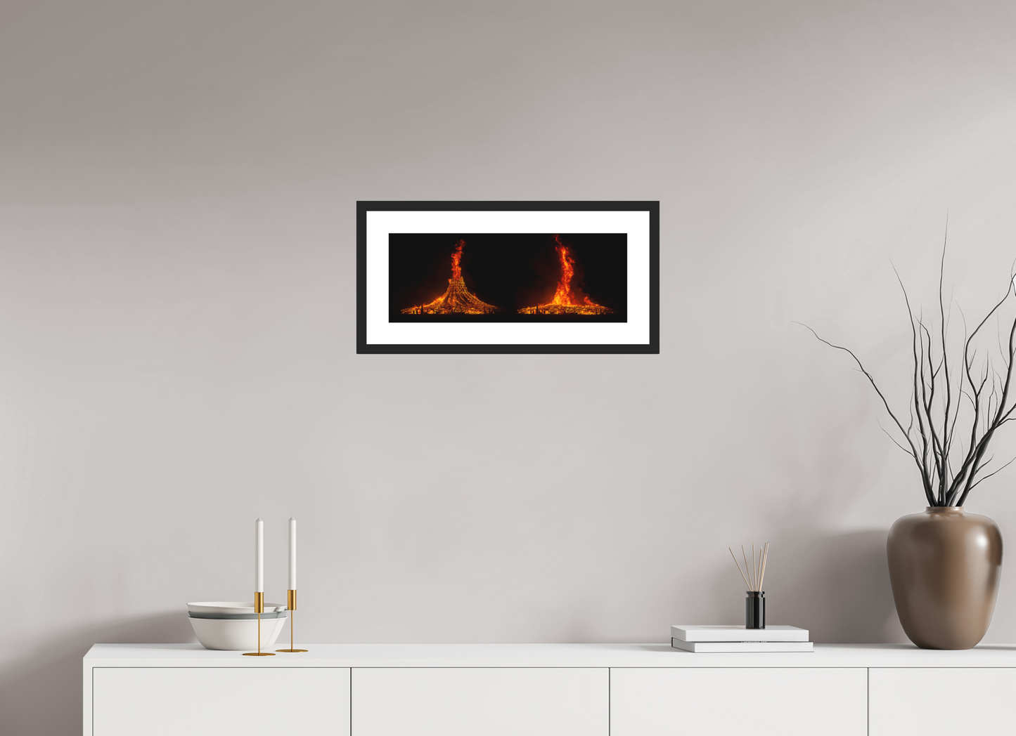 20.7 x 8″, Solid 0.8" Black Wood Frame With 2" Natural White Passe-Partout with Museum Glass Burning Man - Temple Burn