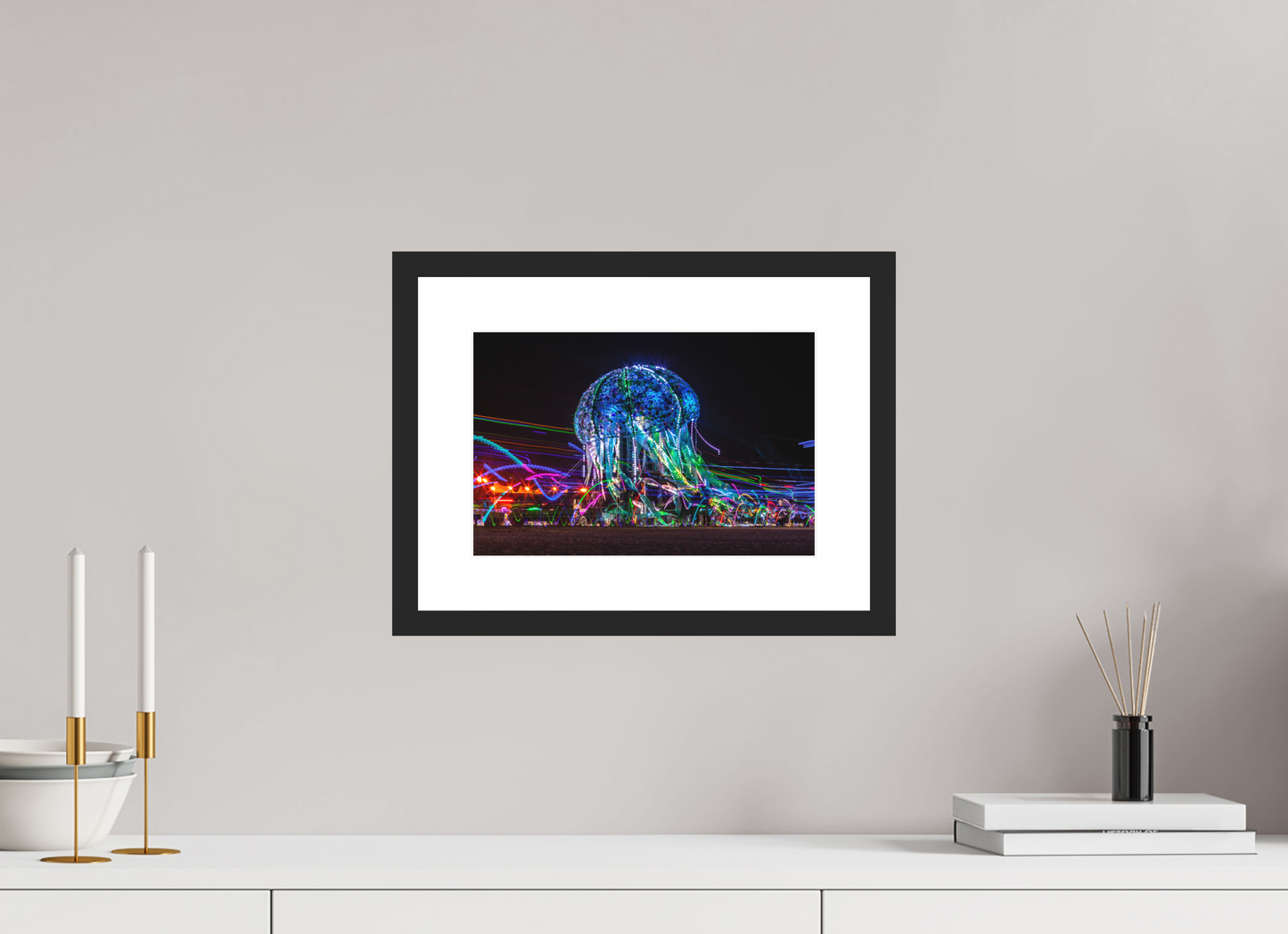 12 x 8″, Solid 0.8" Black Wood Frame With 2" Natural White Passe-Partout with Museum Glass Burning Man - Glass Jellyfish