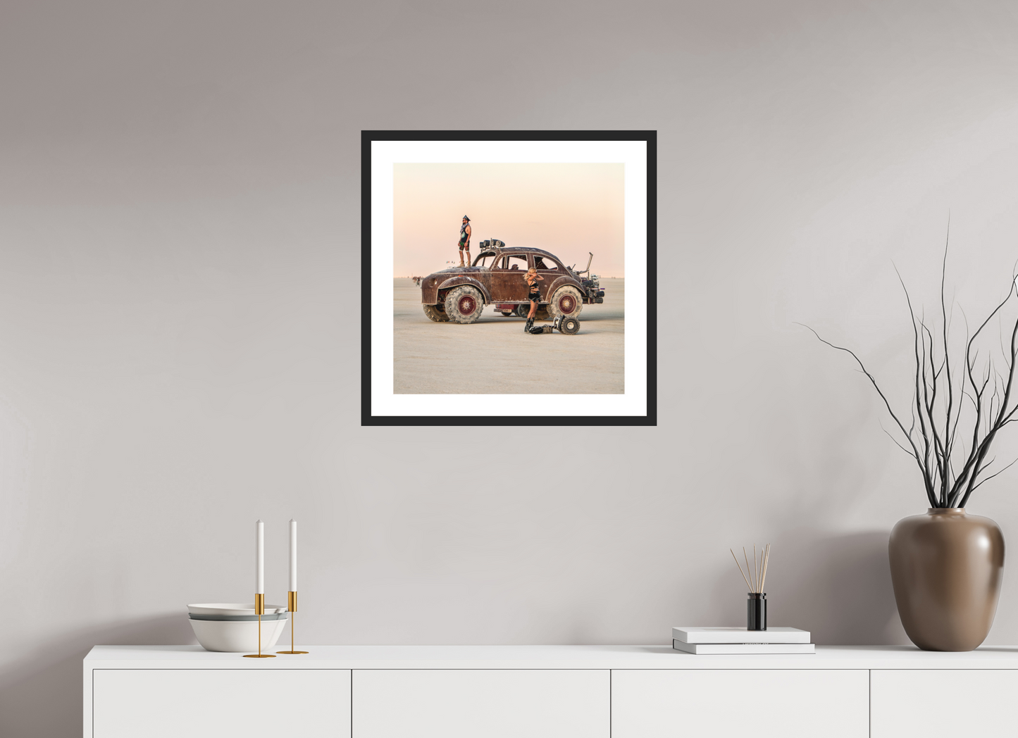 20 x 20″, Solid 0.8" Black Wood Frame With 2" Natural White Passe-Partout with Museum Glass Burning Man - Large VW Art Car (square format)