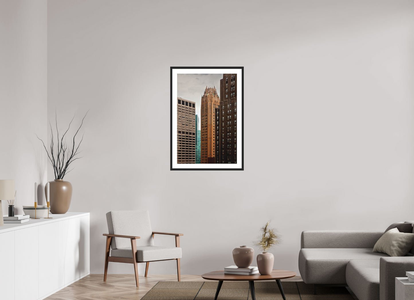 24 x 36″, Solid 0.8" Black Wood Frame With 2" Natural White Passe-Partout with Museum Glass General Electric Building
