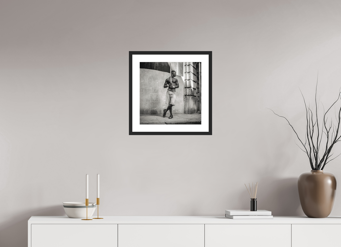 16 x 16.2″, Solid 0.8" Black Wood Frame With 2" Natural White Passe-Partout with Museum Glass Cuban Boy Playing Stickball, Havana