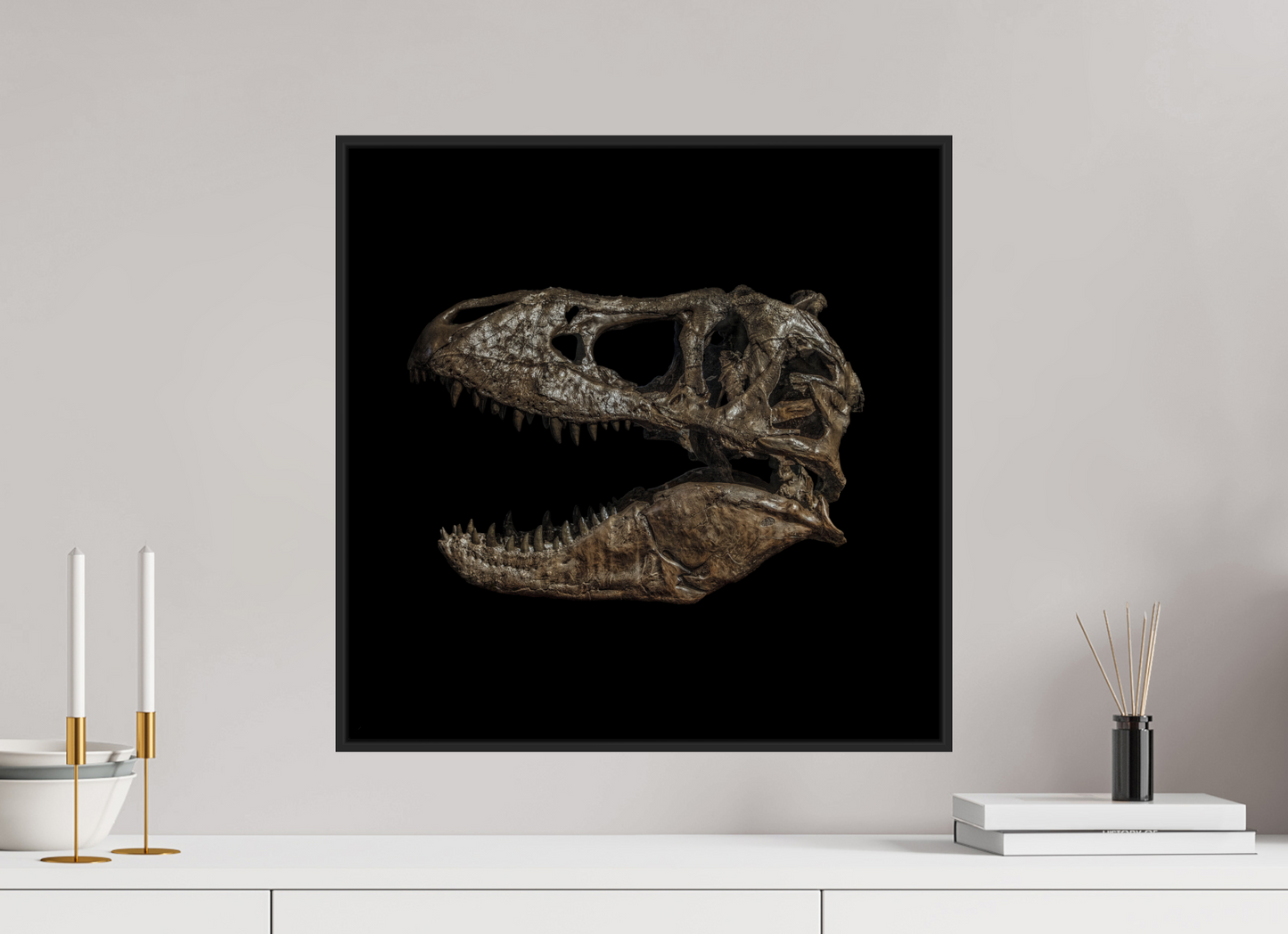 20 x 20″, Black Matte Frame, No Border T-Rex Skull