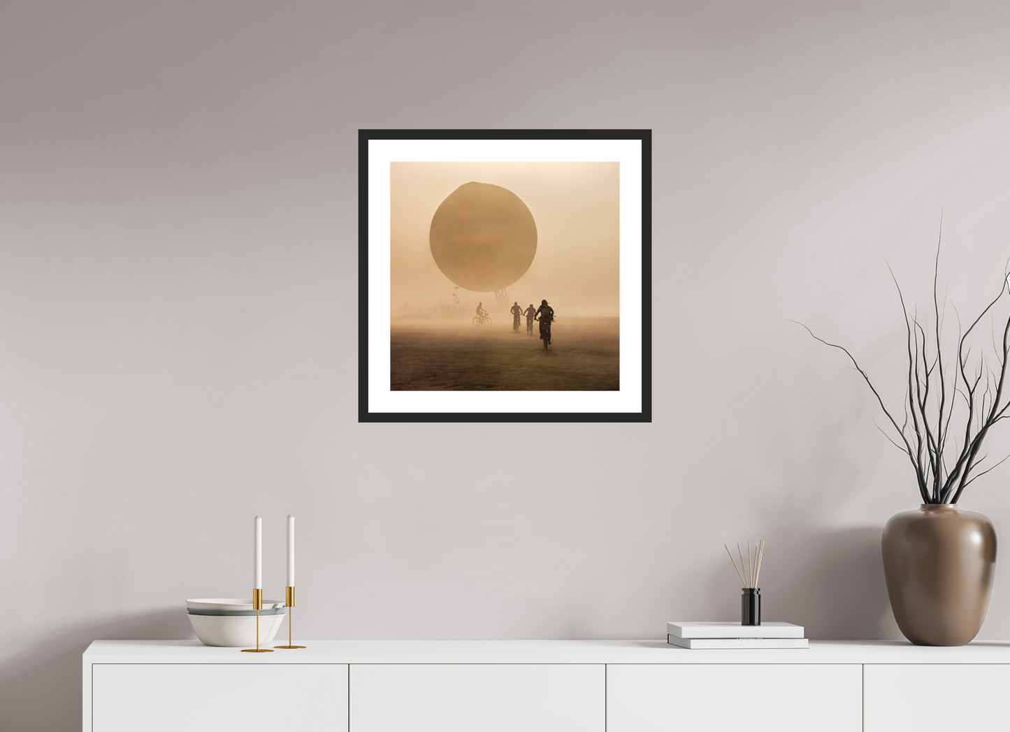 20 x 20″, Solid 0.8" Black Wood Frame With 2" Natural White Passe-Partout with Museum Glass Burning Man - Weather Balloon and Bikers (square format)