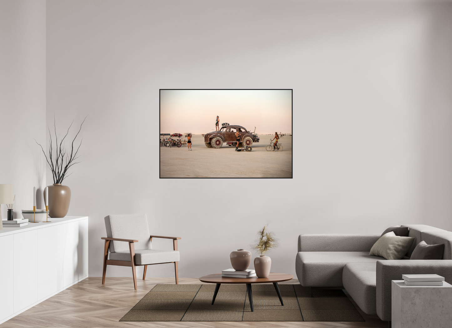 60 x 40″, Black Matte Frame, No Border Burning Man - Art Car Large VW FF