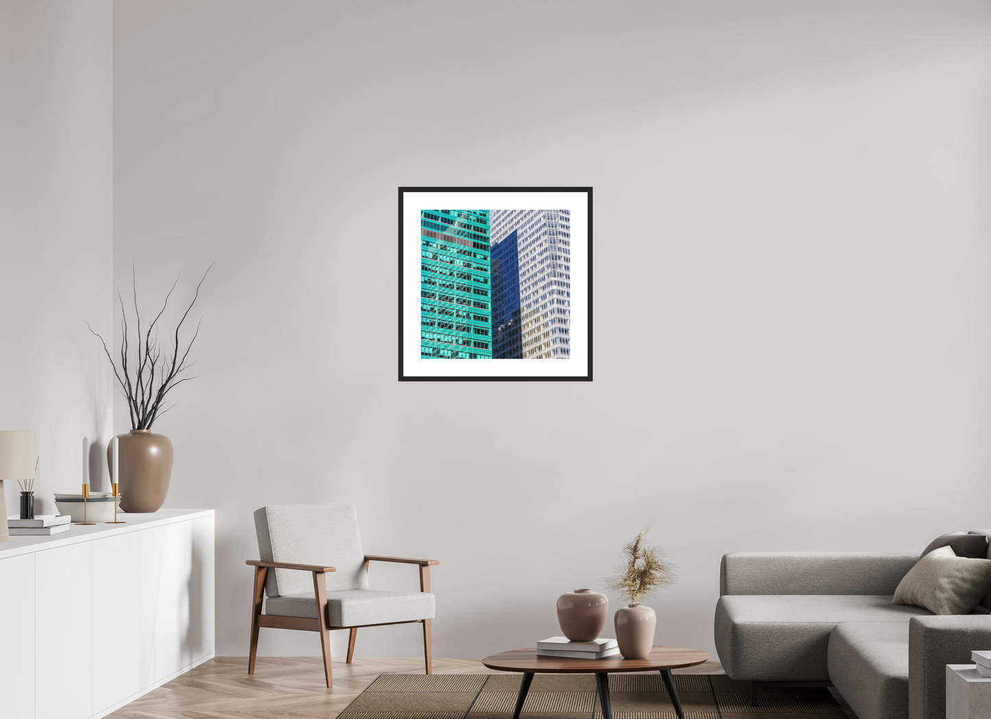 25 x 25″, Solid 0.8" Black Wood Frame With 3" Natural White Passe-Partout with Museum Glass Green and White Office Buildings