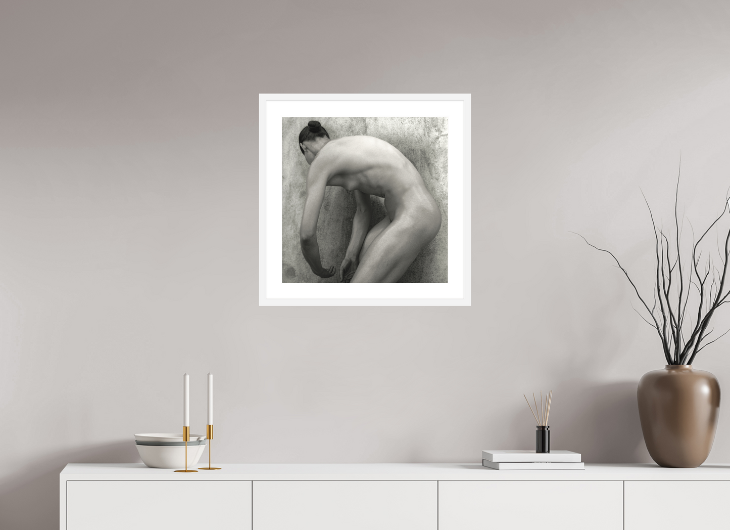 20 x 20″, Solid 0.8" White Wood Frame With 2" Natural White Passe-Partout with Museum Glass Nude No. 60 - square