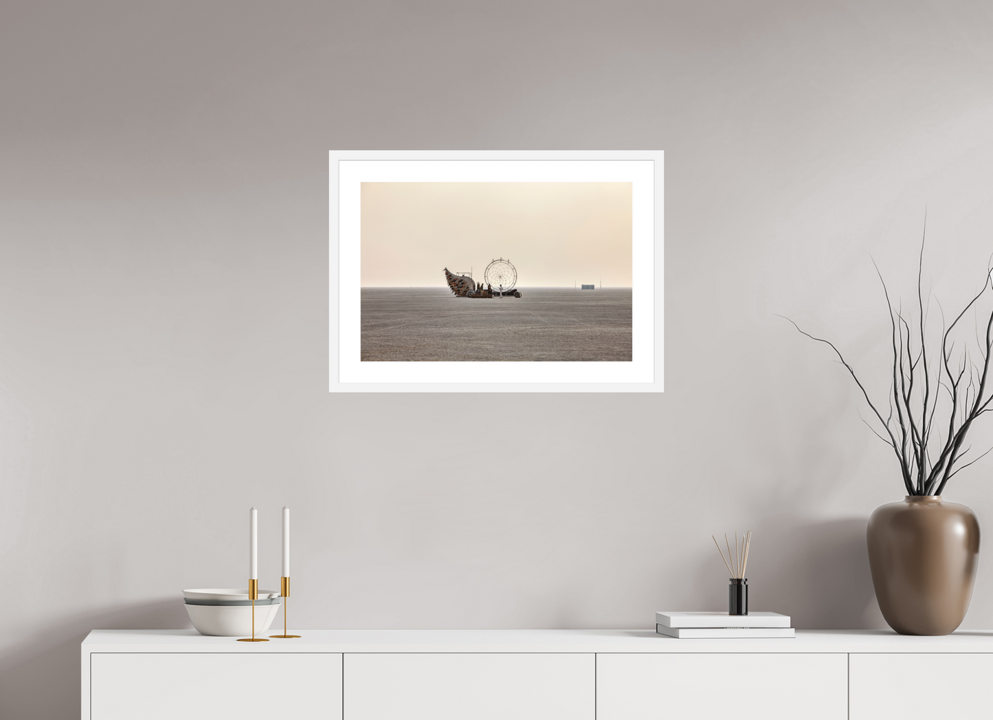 24 x 16″, Solid 0.8" White Wood Frame With 2" Natural White Passe-Partout with Museum Glass Burning Man