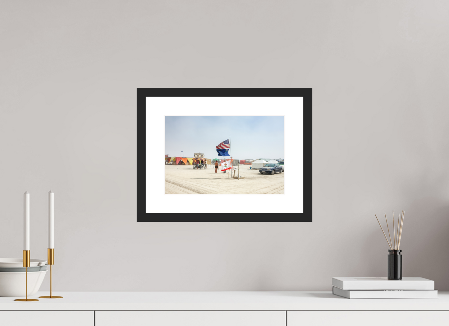 12 x 8″, Solid 0.8" Black Wood Frame With 2" Natural White Passe-Partout with Museum Glass Burning Man - Two Flags