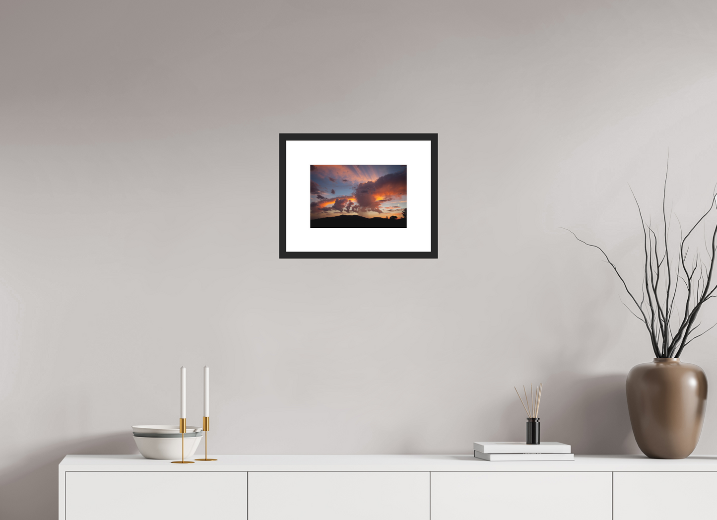 12 x 8″, Solid 0.8" Black Wood Frame With 3" Natural White Passe-Partout with Museum Glass Sunset with Clouds