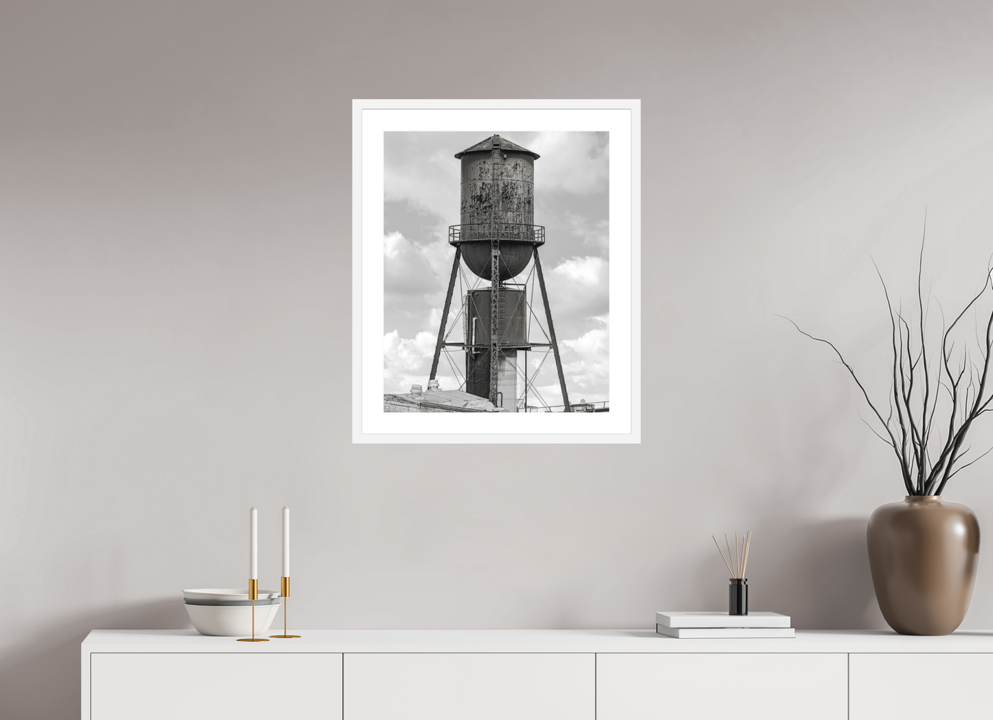 20 x 24.8″, Solid 0.8" White Wood Frame With 2" Natural White Passe-Partout with Museum Glass Green Water Tower