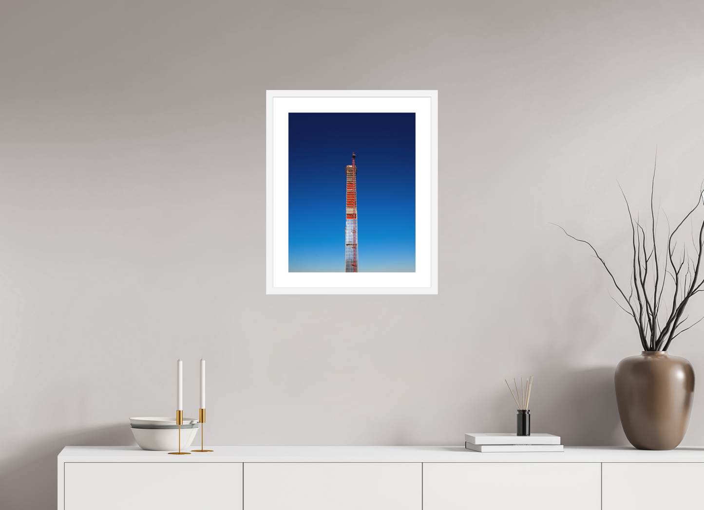 16 x 20″, Solid 0.8" White Wood Frame With 2" Natural White Passe-Partout with Museum Glass Steinway Tower Under Construction