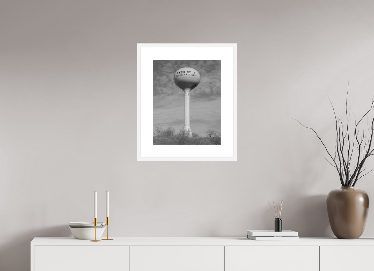 16 x 20″, Solid 0.8" White Wood Frame With 3" Natural White Passe-Partout with Museum Glass Running Horse Water Tower