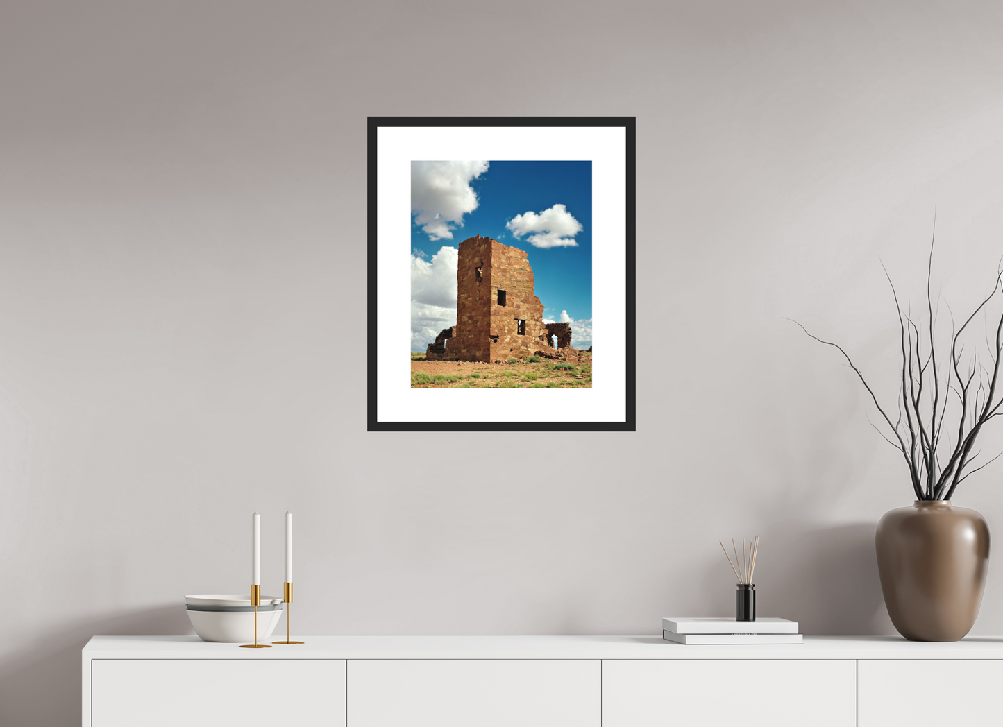 16 x 20″, Solid 0.8" Black Wood Frame With 3" Natural White Passe-Partout with Museum Glass Adobe Ruin