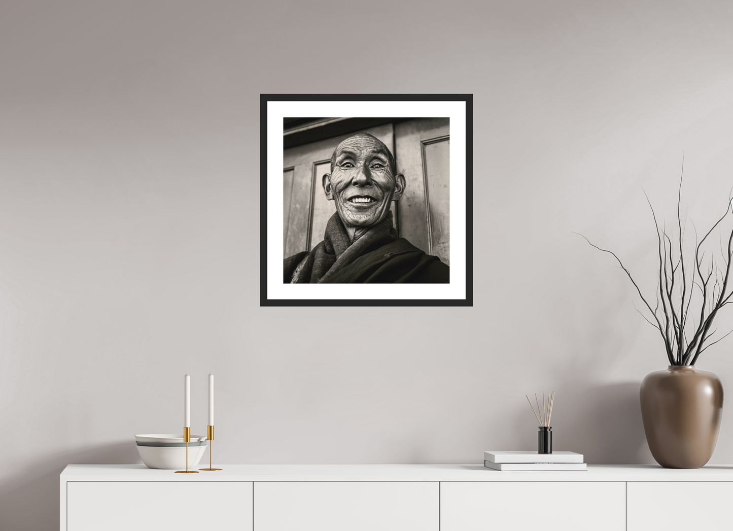 20 x 20″, Solid 0.8" Black Wood Frame With 2" Natural White Passe-Partout with Museum Glass Reincarnated Tibetan Monk, Tibet