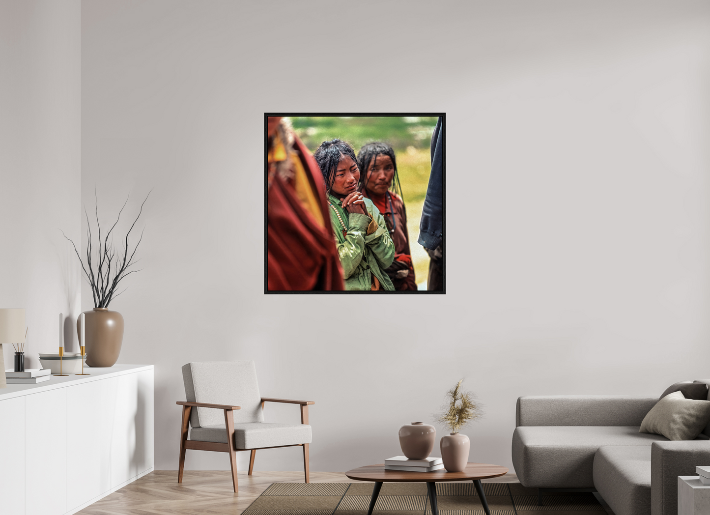 40 x 40″, Floater Frame Tibetan Girl in Green Jacket