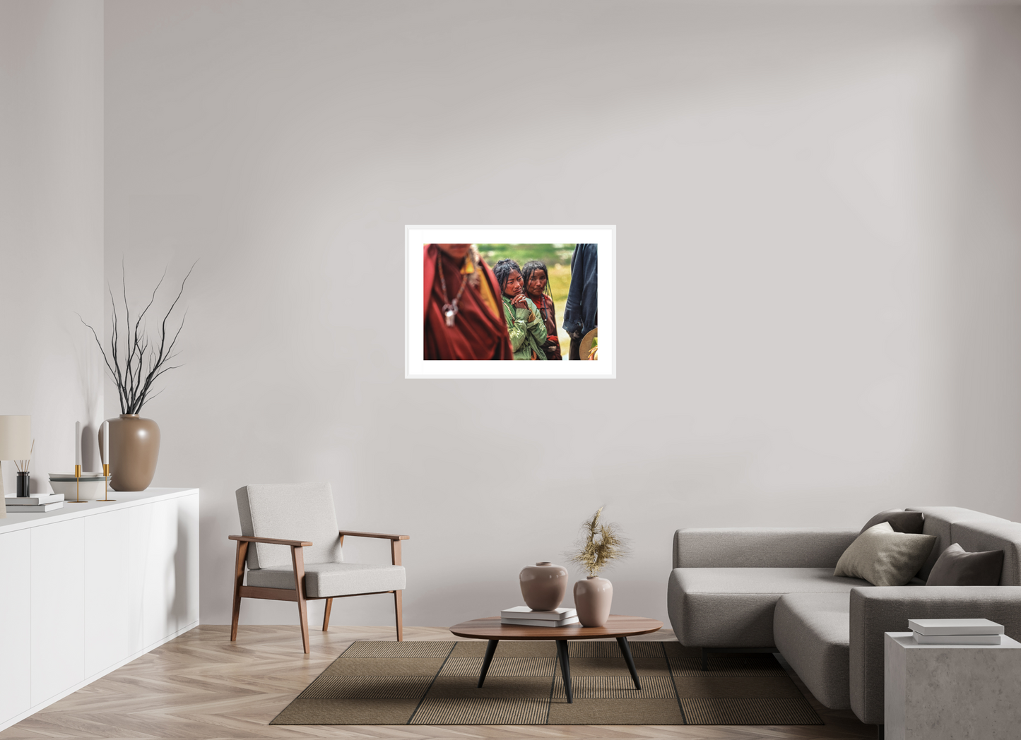 35.6 x 24″, Solid 0.8" White Wood Frame With 3" Natural White Passe-Partout with Museum Glass Tibetan Girl in Green Jacket
