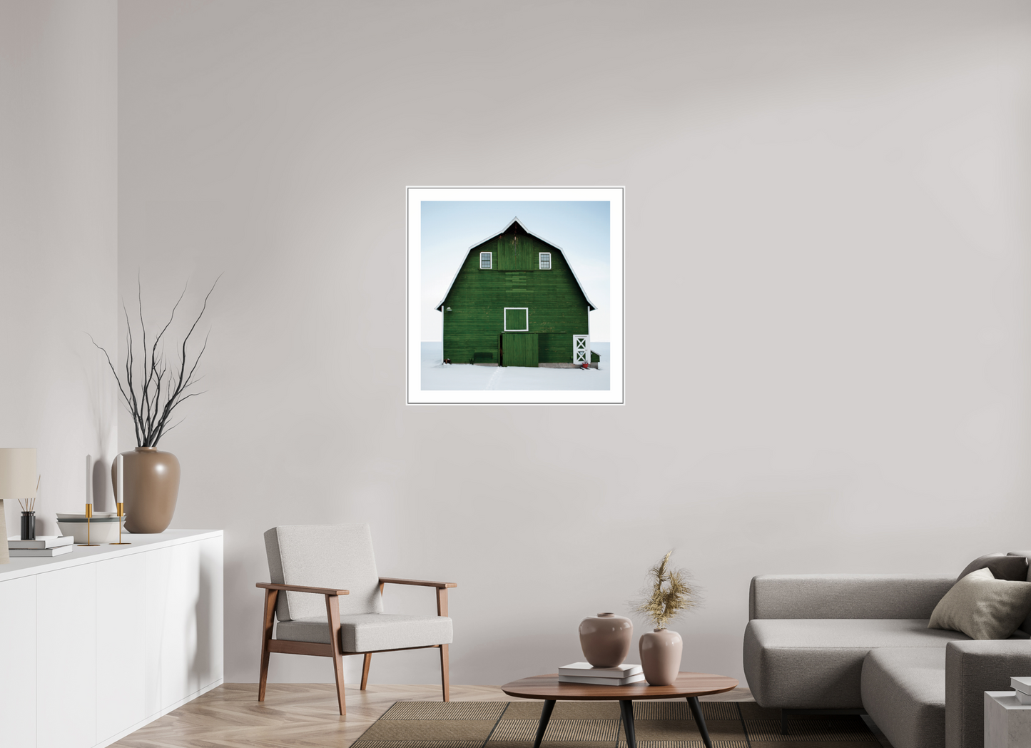 30 x 30″, White Matte Frame Green Barn