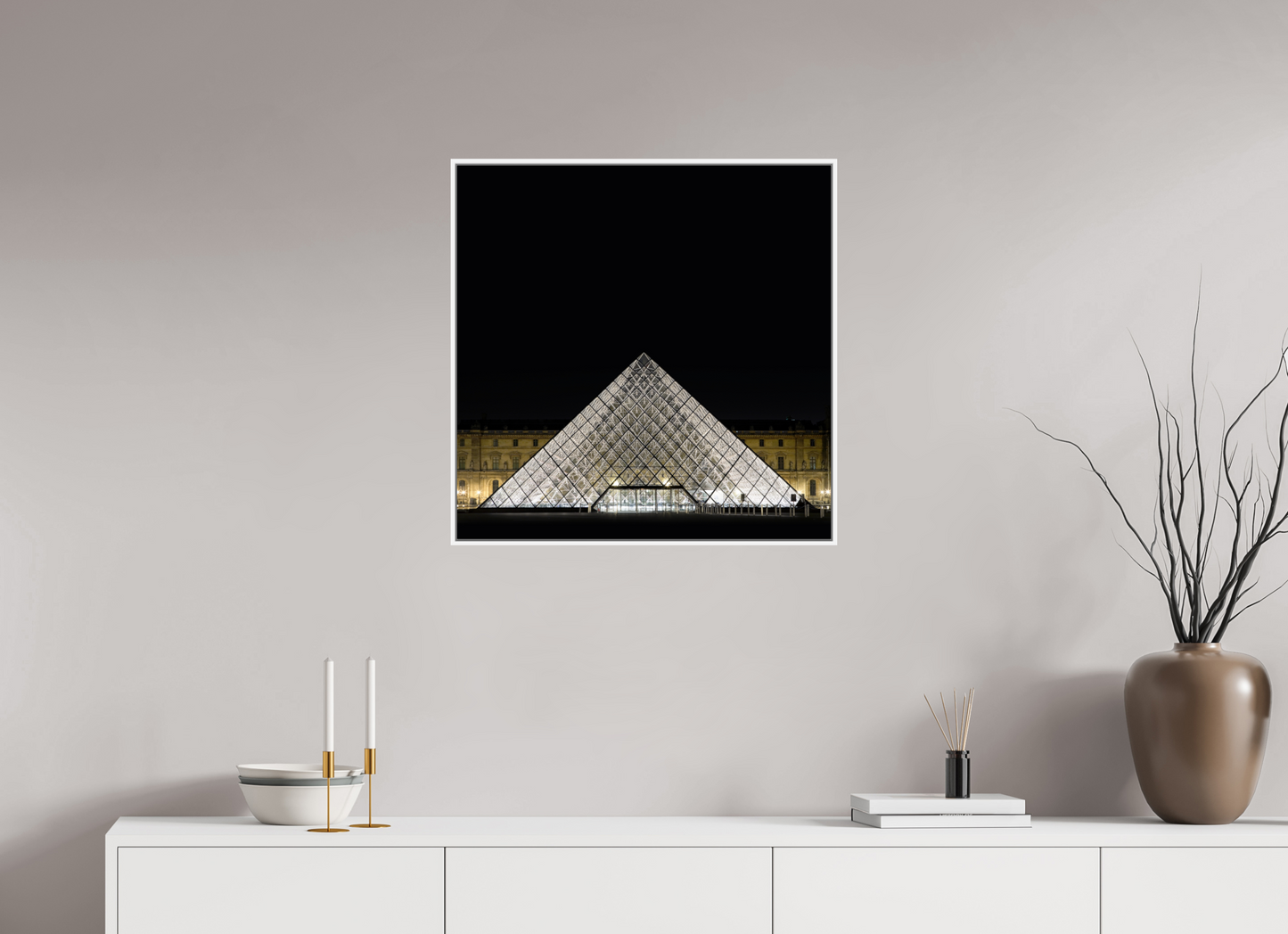 25 x 25″, White Matte Frame, No Border The Louvre Pyramid