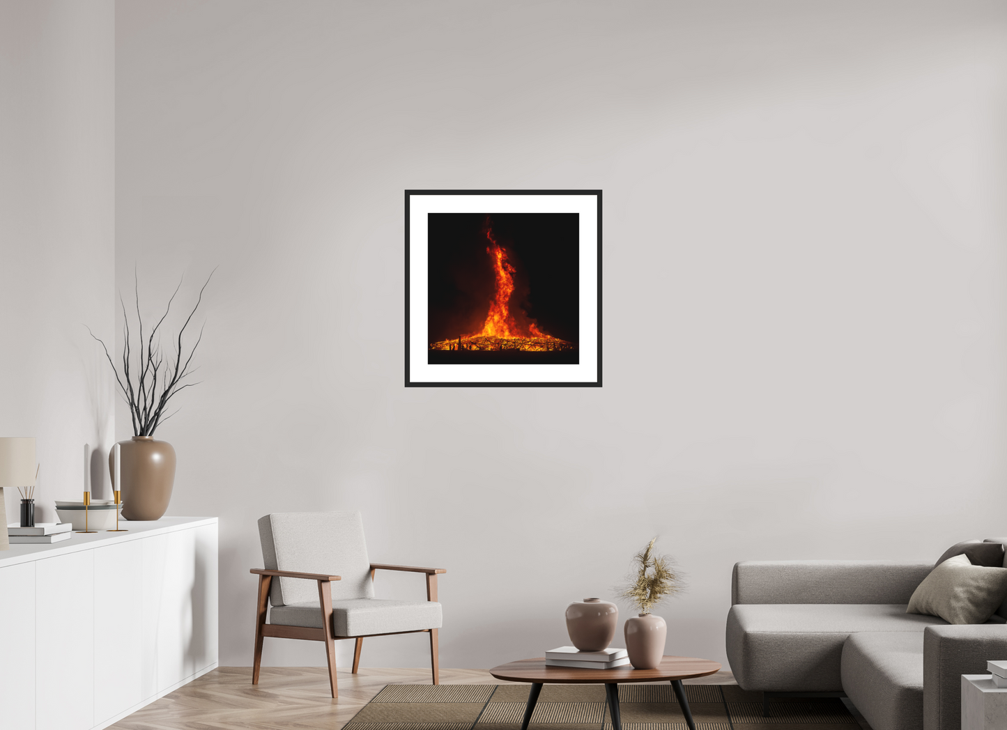 25 x 25″, Solid 0.8" Black Wood Frame With 3" Natural White Passe-Partout with Museum Glass Burning Man - Temple Burn 2