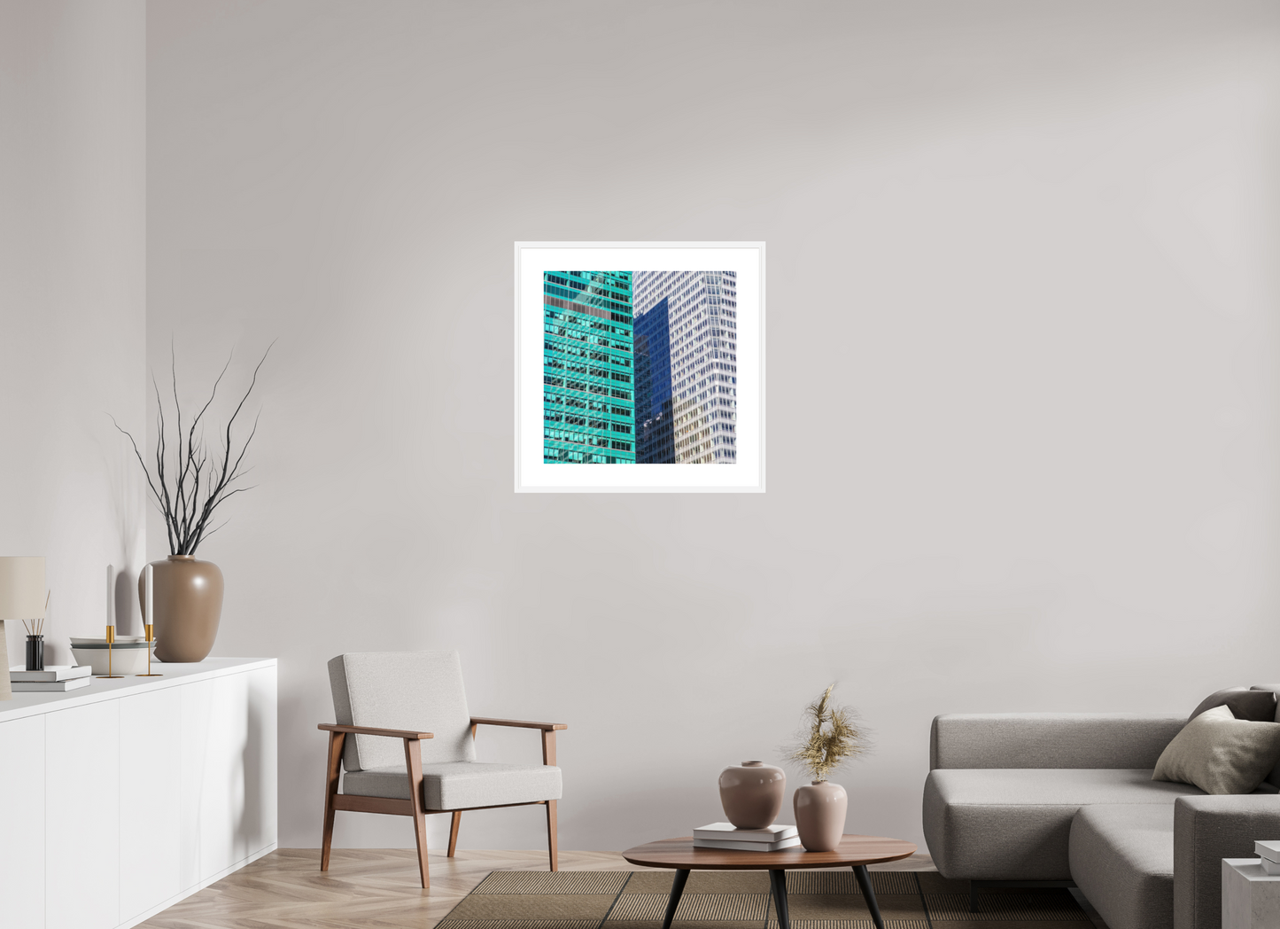 25 x 25″, Solid 0.8" White Wood Frame With 3" Natural White Passe-Partout with Museum Glass Green and White Office Buildings