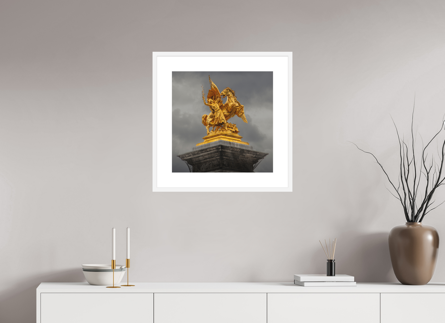 20 x 20″, Solid 0.8" White Wood Frame With 3" Natural White Passe-Partout with Museum Glass Pegasus and Fame Sculpture