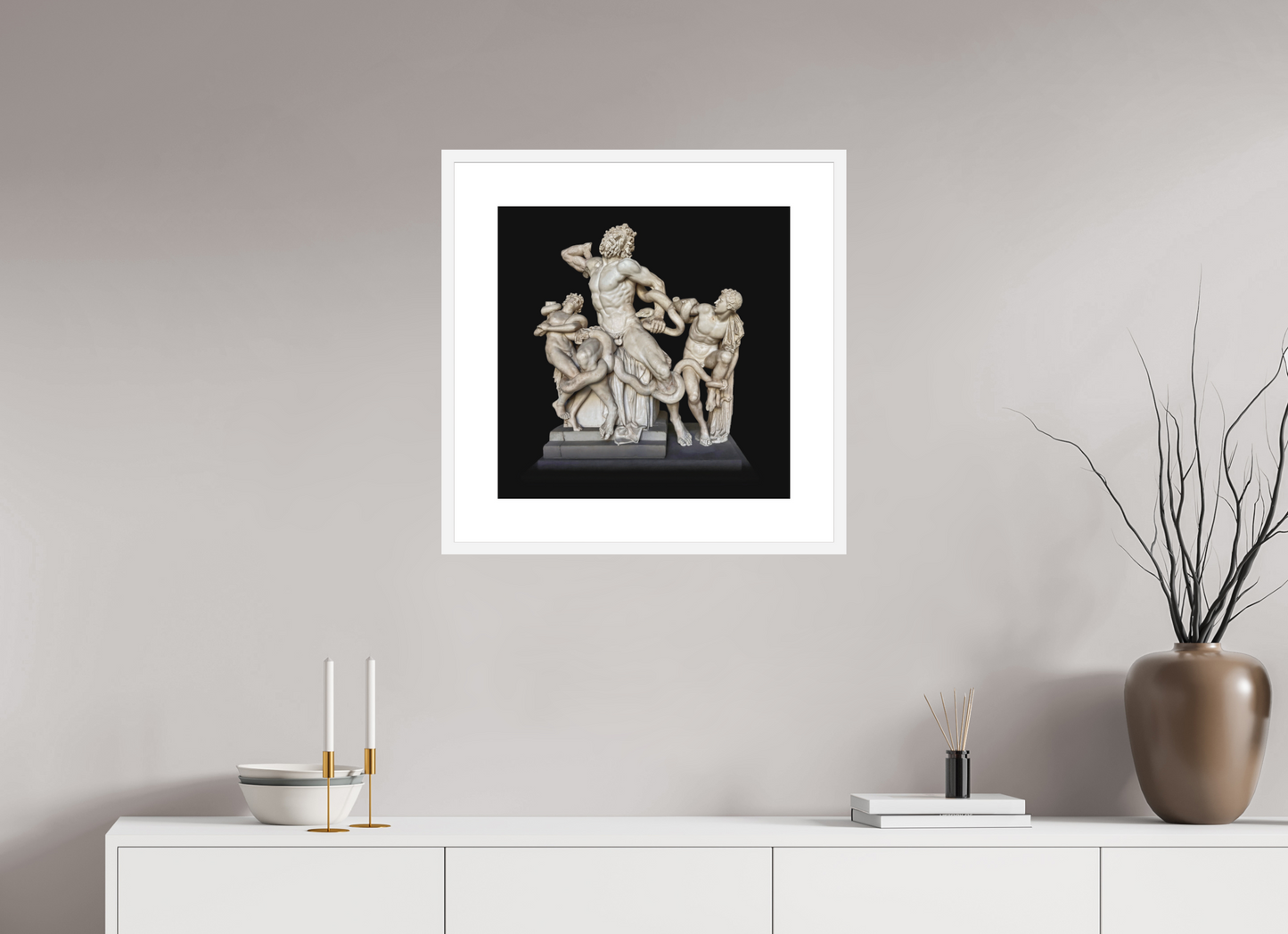 20 x 20″, Solid 0.8" White Wood Frame With 3" Natural White Passe-Partout with Museum Glass Laocoön and his Sons Roman Sculpture