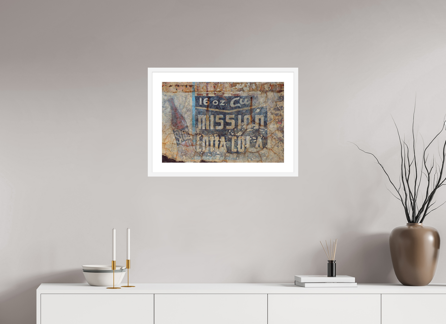 24 x 16″, Solid 0.8" White Wood Frame With 2" Natural White Passe-Partout with Museum Glass Mission Lotta Cola Faded Wall