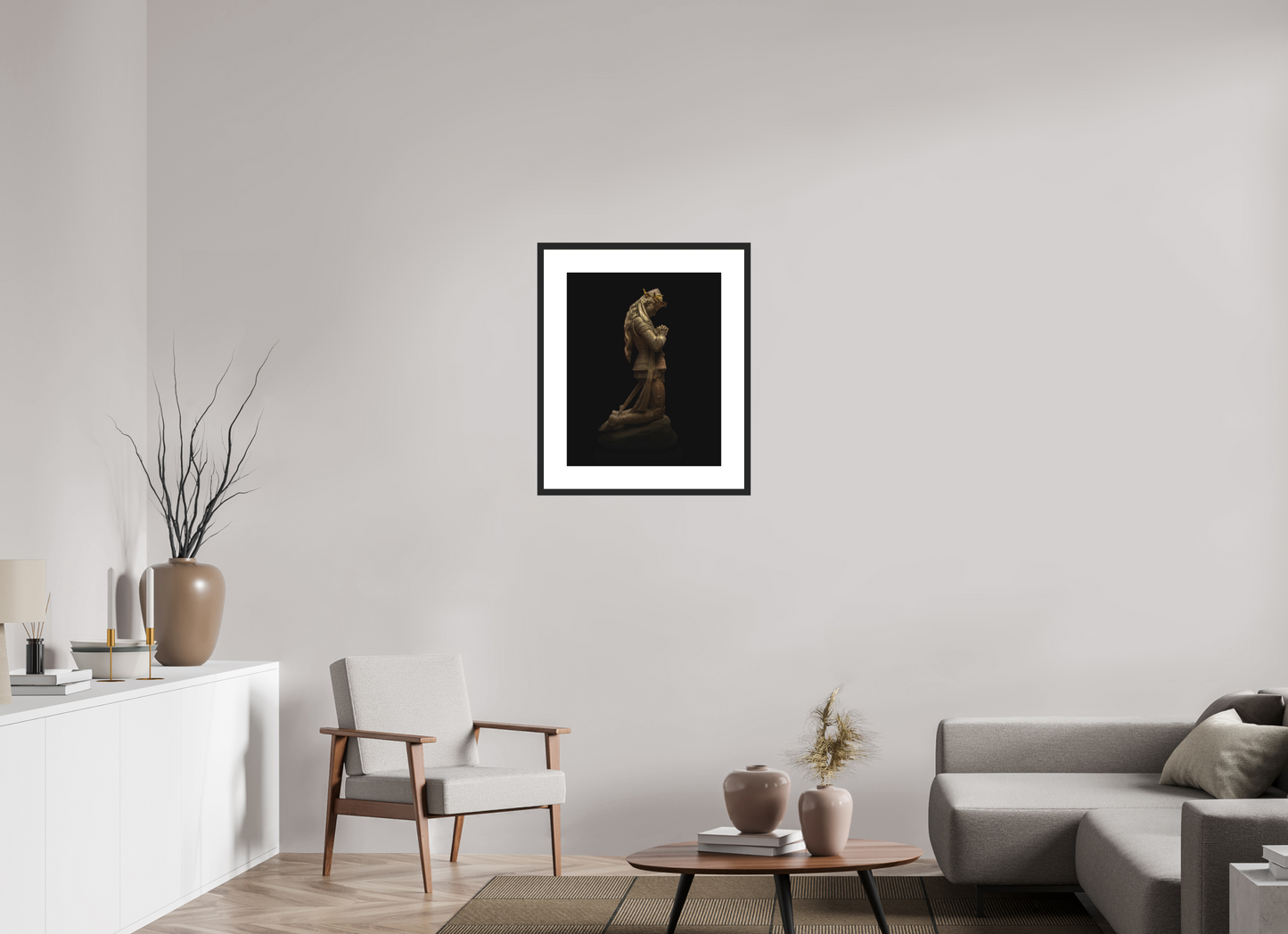 20 x 25″, Solid 0.8" Black Wood Frame With 3" Natural White Passe-Partout with Museum Glass Joan of Arc Statue