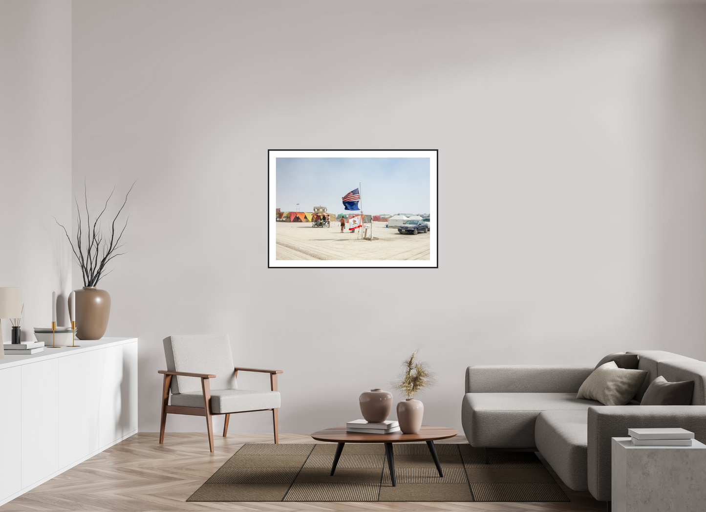 45 x 30″, Black Matte Frame Burning Man - Two Flags