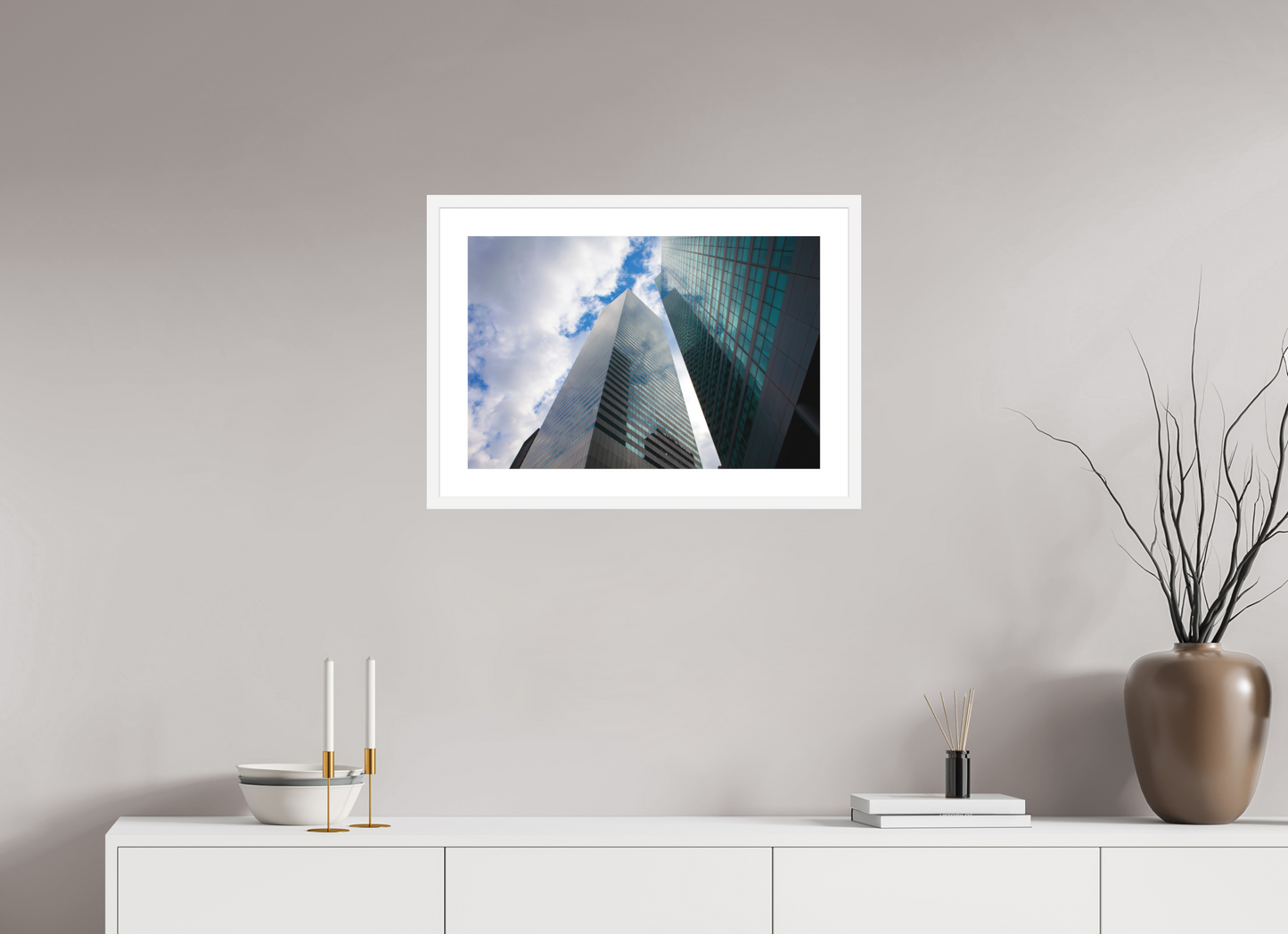 24 x 16″, Solid 0.8" White Wood Frame With 2" Natural White Passe-Partout with Museum Glass Manhattan Skyscrappers