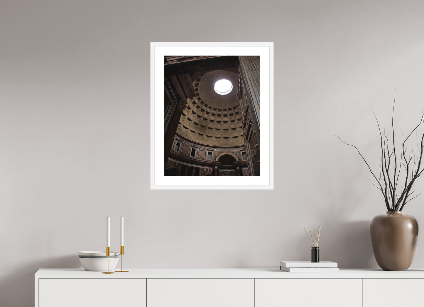 20 x 25″, Solid 0.8" White Wood Frame With 2" Natural White Passe-Partout with Museum Glass Pantheon