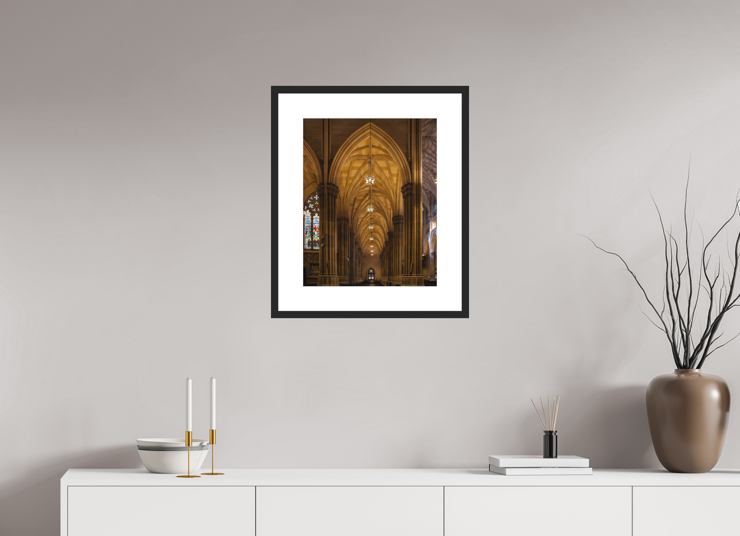 16 x 20″, Solid 0.8" Black Wood Frame With 3" Natural White Passe-Partout with Museum Glass Gothic Archway, St. Patrick's Cathedral